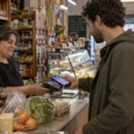 Cliente pagando con el celular en un almacén o comercio barrial