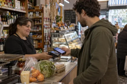 Cliente pagando con el celular en un almacén o comercio barrial