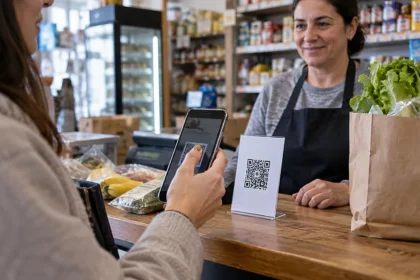 Persona pagando con el celular en un comercio de cercanía de la provincia de buenos aires