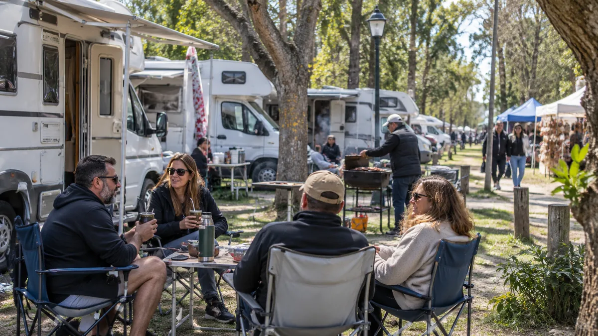 Viajeros compartiendo mate y comida junto a motorhomes en un predio al aire libre, imagen ilustrativa