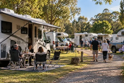 Motorhomes y casas rodantes reunidos en un predio arbolado durante un encuentro de viajeros, imagen ilustrativa