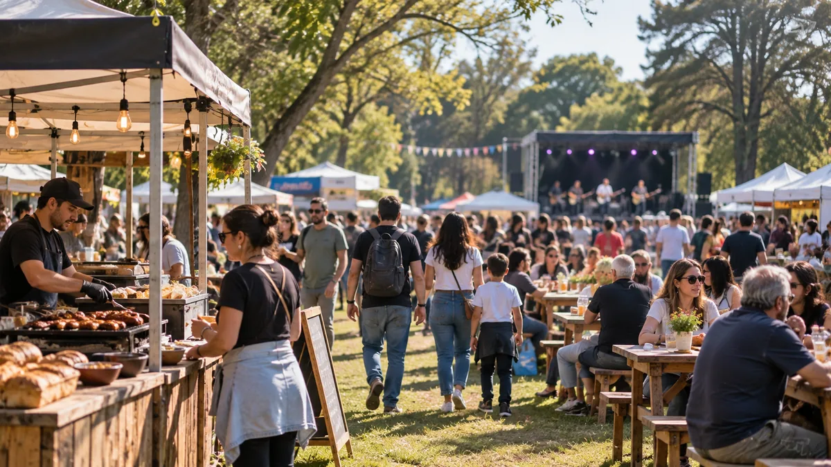 Una ciudad bonaerense tendrá tres días de festival gratis con gastronomía y música en vivo 2 Puestos gastronómicos y público recorriendo un festival al aire libre