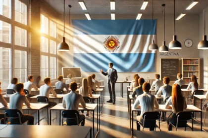 Profesor dando clases frente a estudiantes en un aula