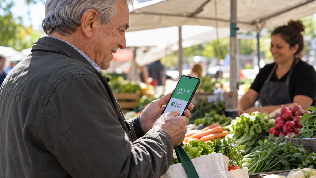 Cuenta dni en octubre: qué descuentos se vienen y qué conviene revisar antes de comprar 2 Cliente con cuenta dni en el celular frente a un puesto de verduras