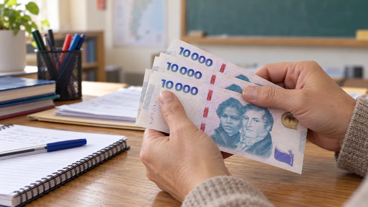 Billetes argentinos sobre un escritorio escolar