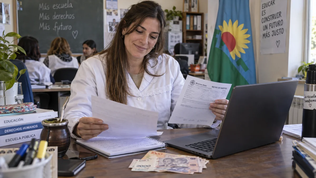 Docentes bonaerenses: el fudb pidió reabrir la paritaria en septiembre y crece la expectativa por una nueva oferta 2 Docente bonaerense revisando su recibo de haberes en una escuela pública