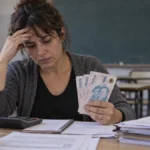 Docente contando billetes argentinos y haciendo cuentas en un aula