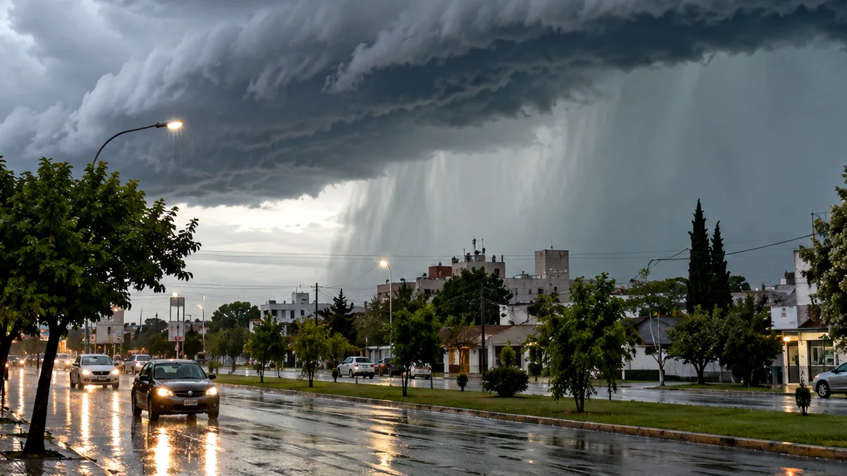 El niño se fortalece: qué zonas de la provincia pueden recibir más lluvias esta primavera 2026 2 Nubes de tormenta y lluvia intensa avanzando sobre una avenida de una ciudad bonaerense