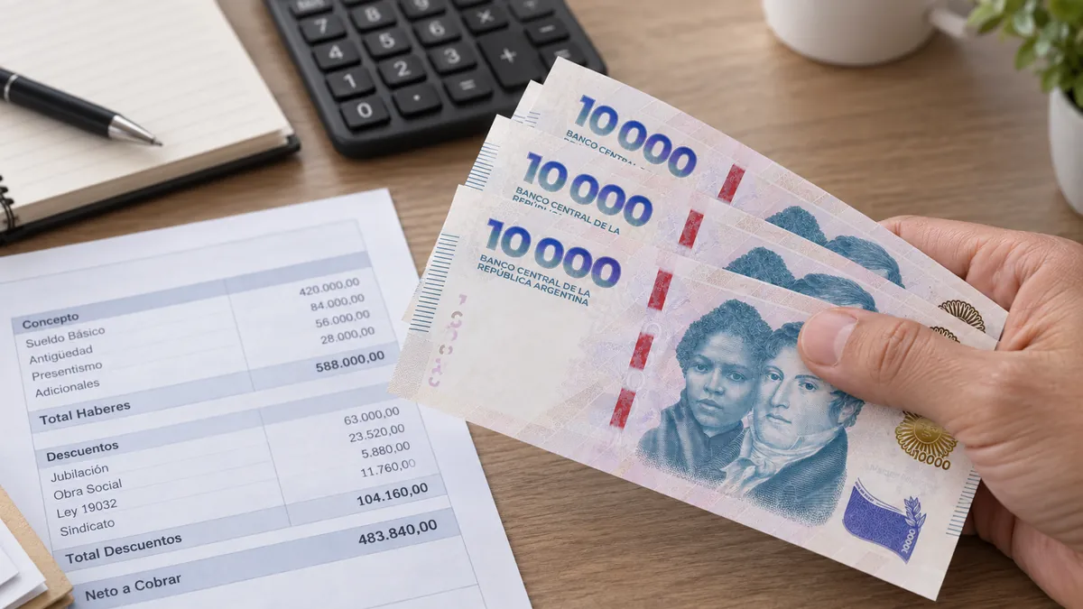 Billetes argentinos y documentación de salario sobre un escritorio