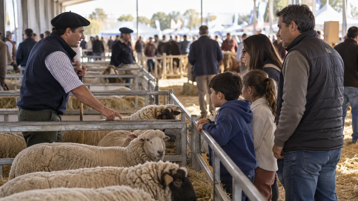 Expo rural: una ciudad bonaerense tendrá tres días de campo, caballos y gastronomía 2 Familia observando ovejas en una exposición ganadera bonaerense