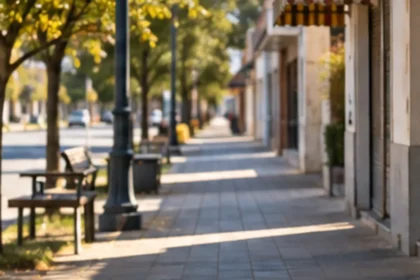 Calle de una localidad bonaerense con comercios cerrados durante una jornada no laborable