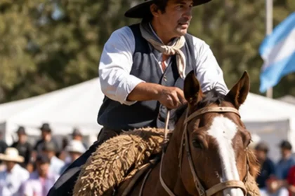Jinete a caballo durante una celebración tradicional bonaerense con público alrededor