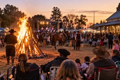 Fogón, caballos y familias durante una fiesta tradicional de un pueblo bonaerense