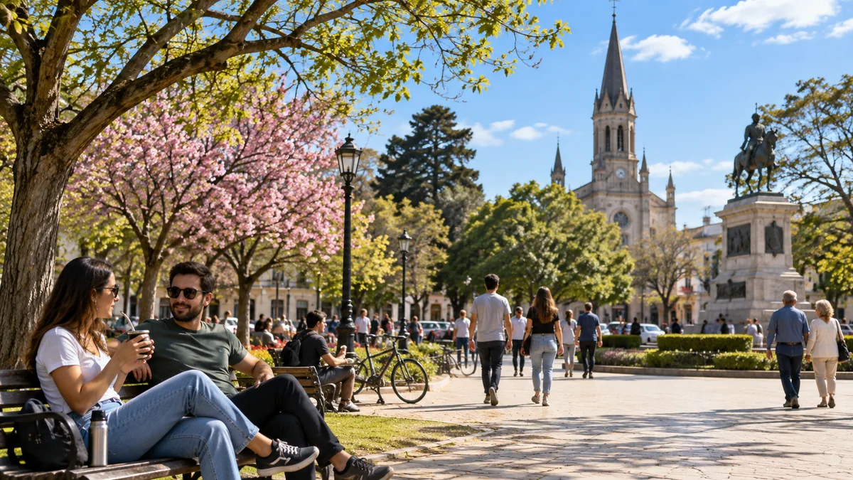 Fin de semana en la provincia: hasta 27 °c en el interior, pero la costa seguirá mucho más fresca 2 Personas tomando mate y paseando en una plaza del interior de la provincia de buenos aires