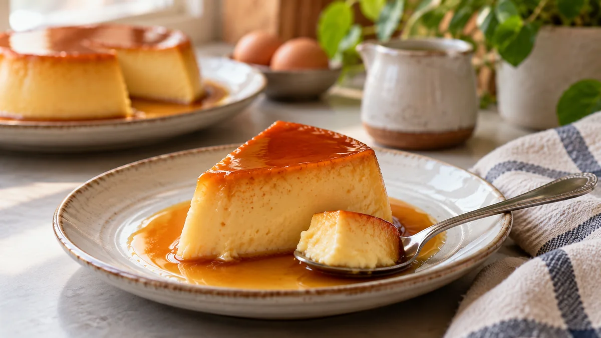 Porción de flan casero con caramelo servida en un plato junto a una cuchara