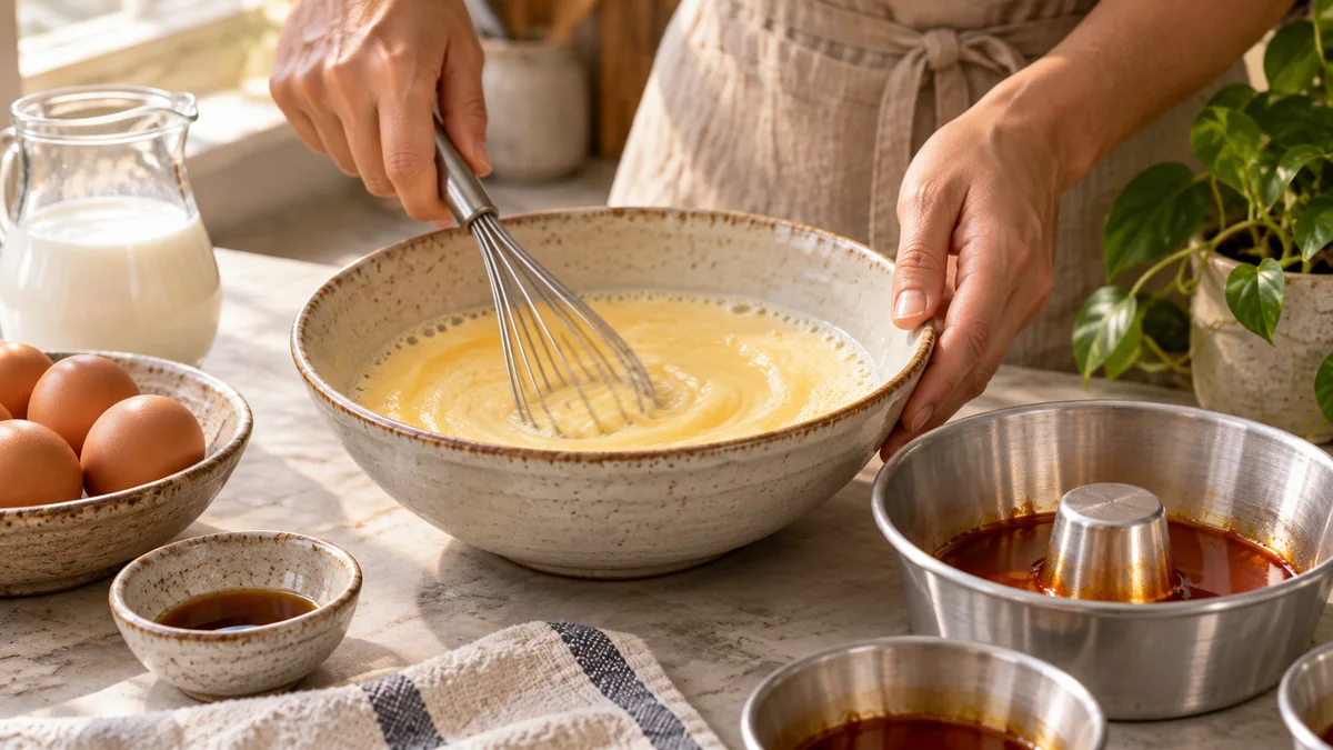 Persona mezclando la preparación de un flan casero junto a moldes con caramelo