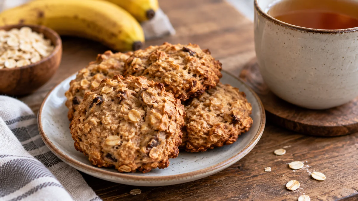 Con 4 ingredientes y sin azúcar agregada: las galletitas de avena y banana que salen en minutos 3 Plato con galletitas caseras de avena y banana sobre una mesa de madera