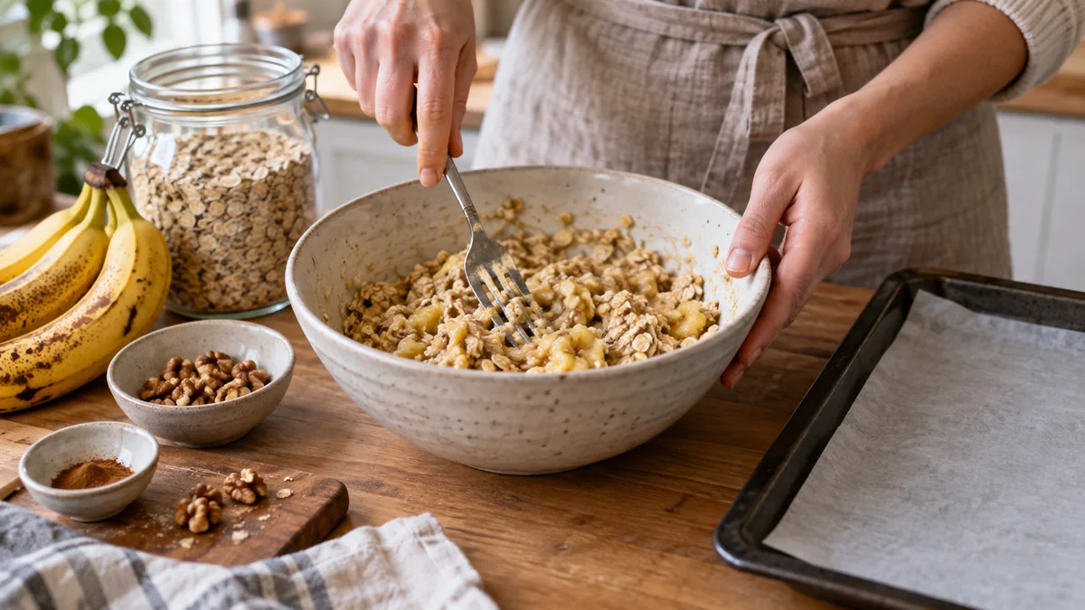 Con 4 ingredientes y sin azúcar agregada: las galletitas de avena y banana que salen en minutos 2 Persona mezclando avena y banana madura en un bowl junto a una placa lista para horno