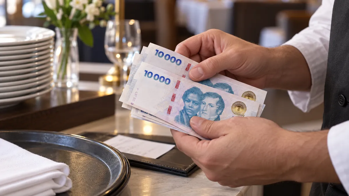 Paritarias gastronómicos 2026: el acuerdo de julio a septiembre entra en la recta final 2 Trabajador gastronómico contando billetes argentinos