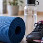 Zapatillas deportivas, colchoneta y botella de agua preparadas para hacer ejercicio en casa