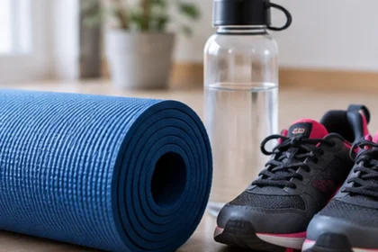 Zapatillas deportivas, colchoneta y botella de agua preparadas para hacer ejercicio en casa