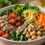 Ensalada con vegetales frescos, legumbres y granos en una cocina luminosa