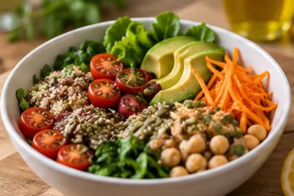 Ensalada con vegetales frescos, legumbres y granos en una cocina luminosa