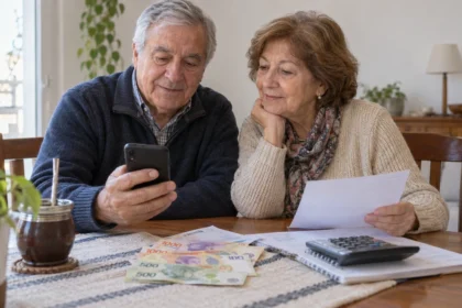 Pareja de jubilados consulta el celular y papeles en su casa junto a dinero en pesos y una calculadora