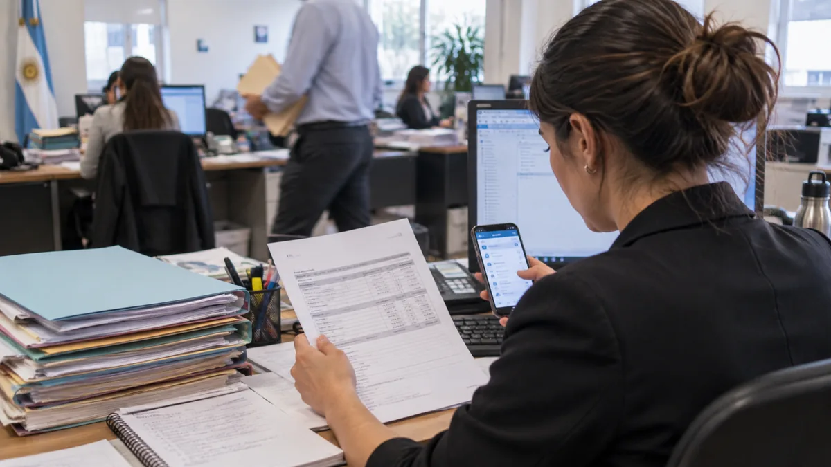 Trabajadora judicial revisa documentación en una oficina administrativa