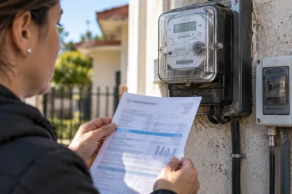Persona revisando una factura junto al medidor eléctrico de una vivienda bonaerense