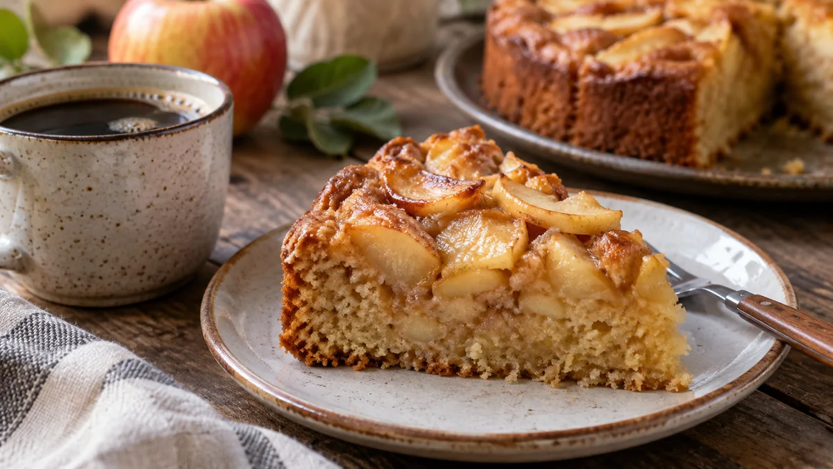 Sin azúcar agregada: la torta de manzana húmeda que perfuma toda la casa y queda riquísima 3 Torta de manzana casera sin azúcar cortada sobre una mesa de madera con una porción al costado