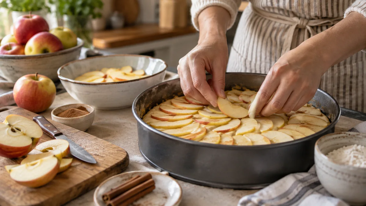 Sin azúcar agregada: la torta de manzana húmeda que perfuma toda la casa y queda riquísima 2 Persona acomodando láminas de manzana sobre un molde con mezcla para torta casera
