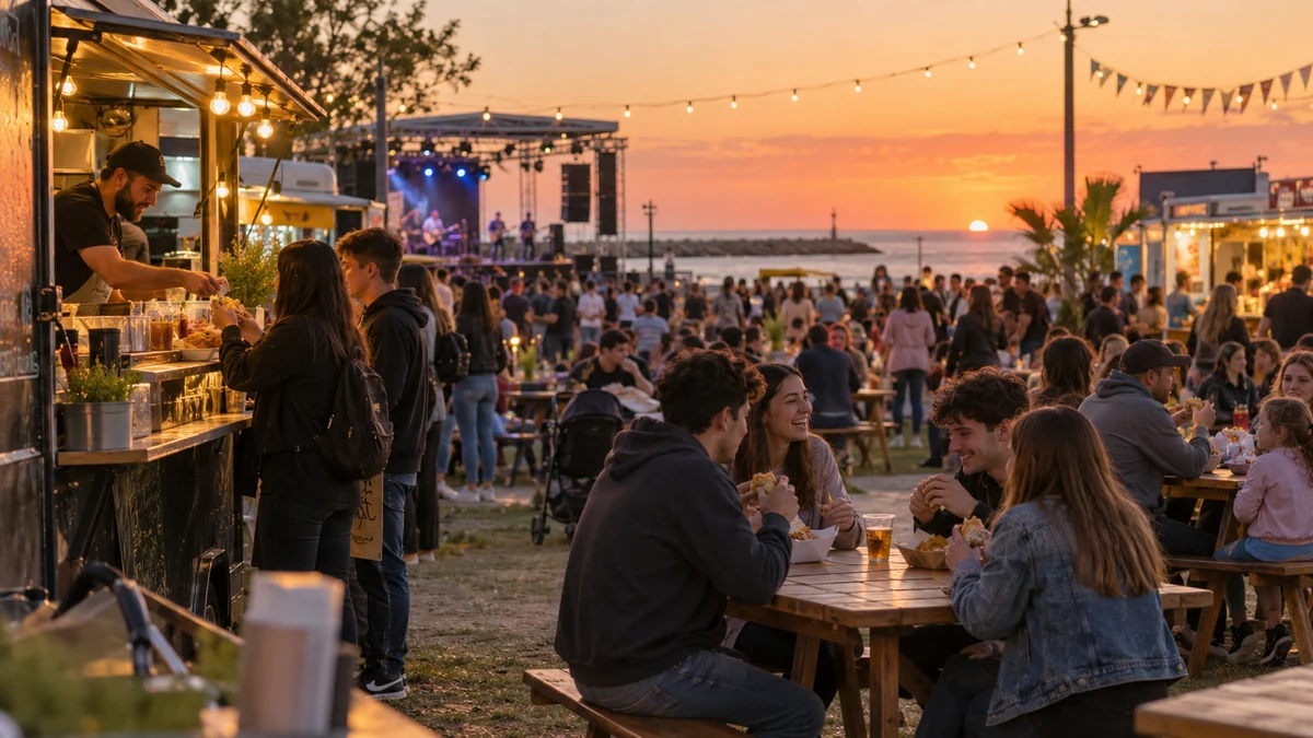Una ciudad bonaerense despide el fin de semana con recital gratis, patio gastronómico y djs en vivo 2 Personas comen y pasean en un patio gastronómico con escenario y vista al mar durante el atardecer