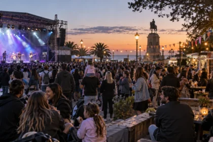 Multitud frente a un escenario y puestos gastronómicos durante un festival costero al atardecer