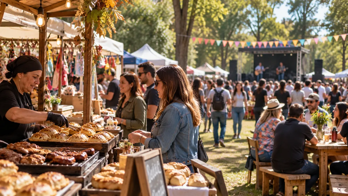 Público en un festival al aire libre con escenario y puestos