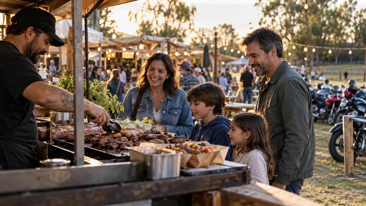 Familia frente a un puesto gastronómico en una feria al aire libre