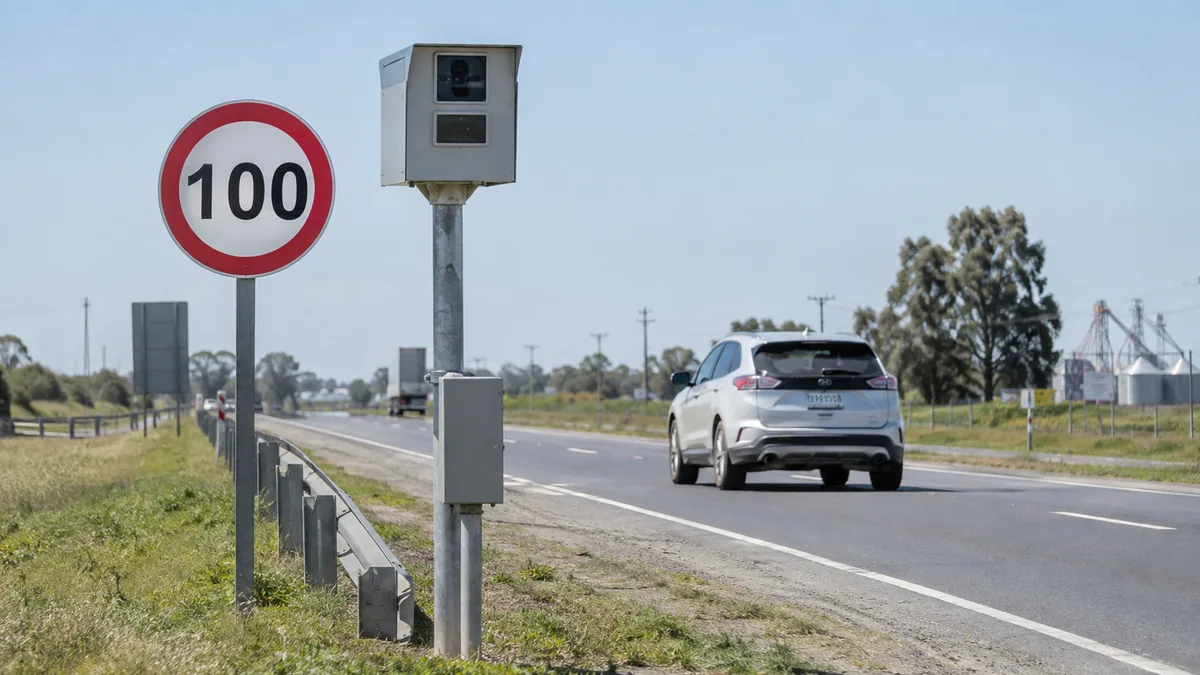 Radar y autos circulando por una ruta de la provincia de buenos aires