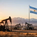 Instalaciones petroleras y bandera argentina en un paisaje energético