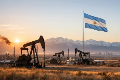 Instalaciones petroleras y bandera argentina en un paisaje energético