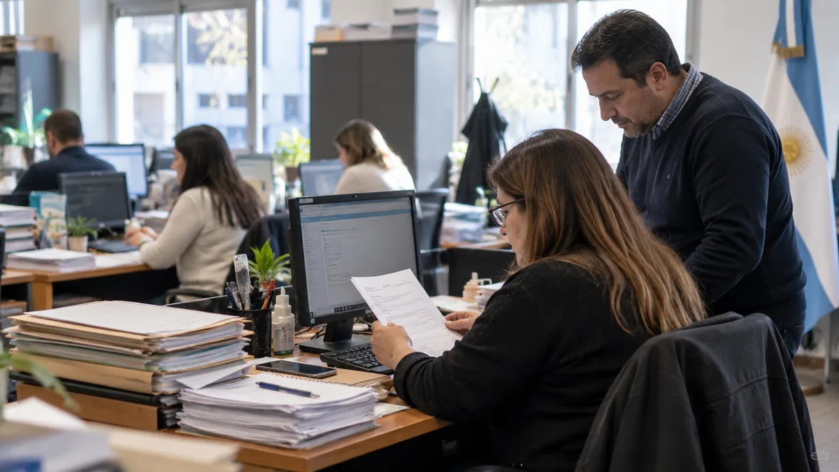 Paritarias municipales: una ciudad bonaerense lleva 10 meses sin acuerdo y habrá una reunión clave 2 Empleados administrativos trabajan con expedientes y documentación salarial