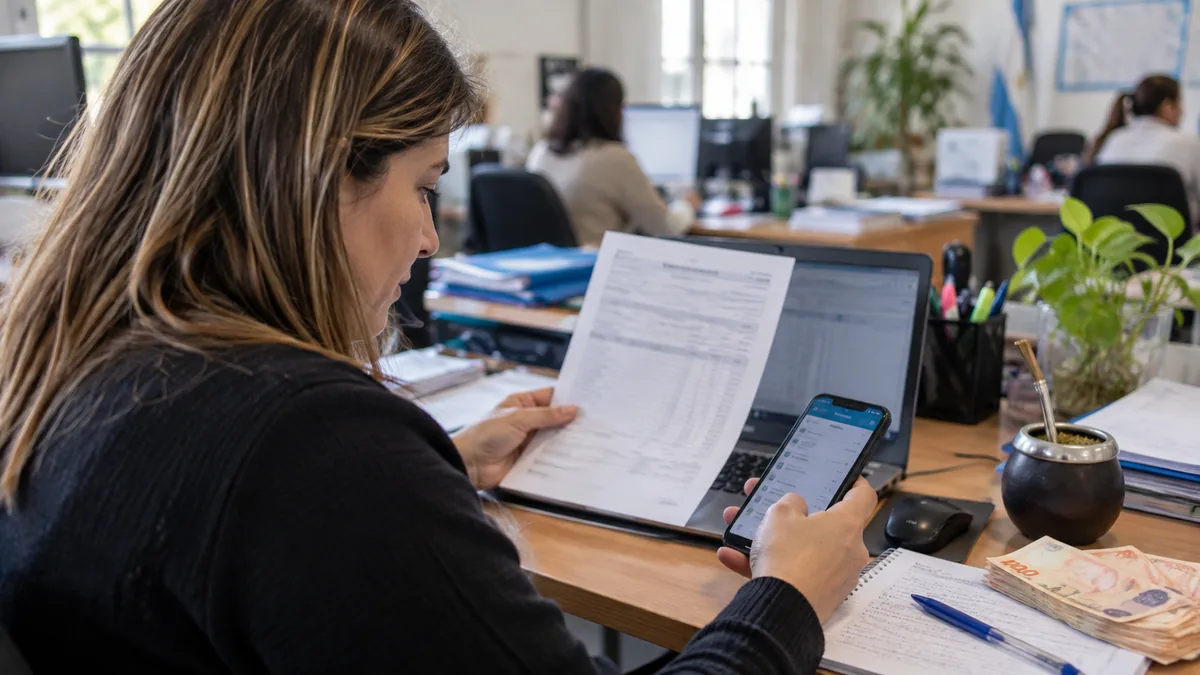Trabajadora estatal revisa documentación y su cuenta bancaria en una oficina