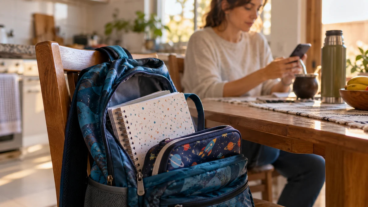 Paro docente en la provincia este jueves 31: qué deben tener en cuenta las familias 2 Mochila y útiles escolares junto a una madre que consulta su celular