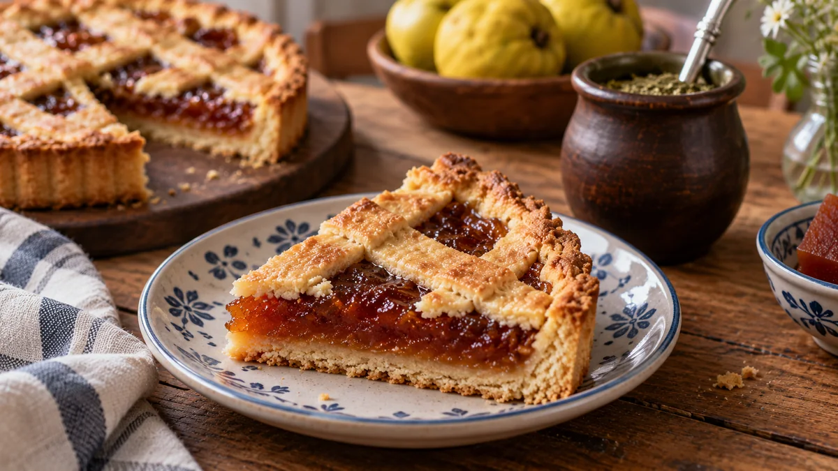 Pastafrola sin azúcar agregada: la versión más tentadora de un clásico argentino para acompañar el mate 3 Porción de pastafrola de membrillo servida en un plato junto a un mate