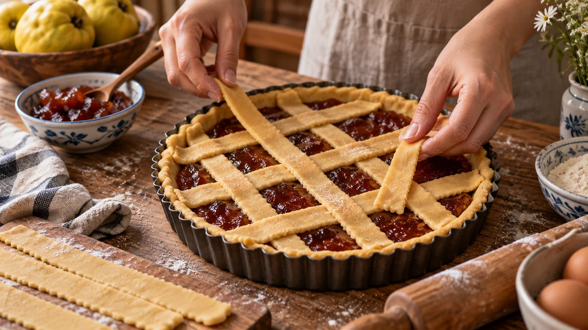 Pastafrola sin azúcar agregada: la versión más tentadora de un clásico argentino para acompañar el mate 2 Manos armando el enrejado de una pastafrola de membrillo sobre una mesa de cocina