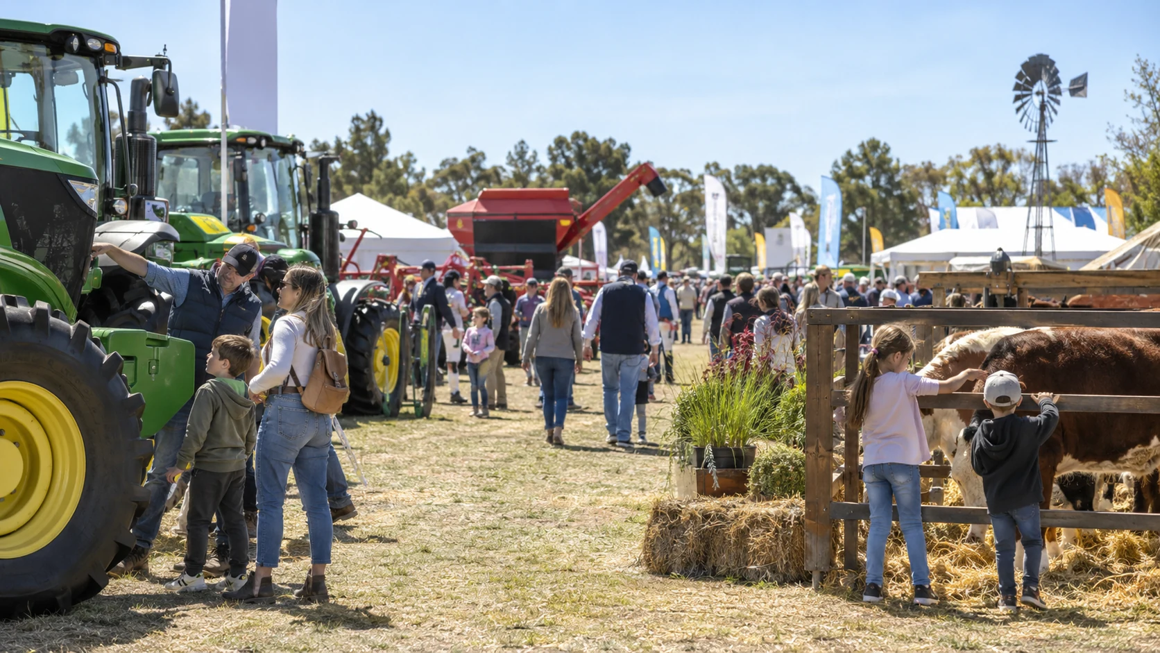 Una ciudad bonaerense recibe una gran muestra con animales, maquinaria y gastronomía: cuándo es 2 Familias mirando tractores y ganado en una expo rural