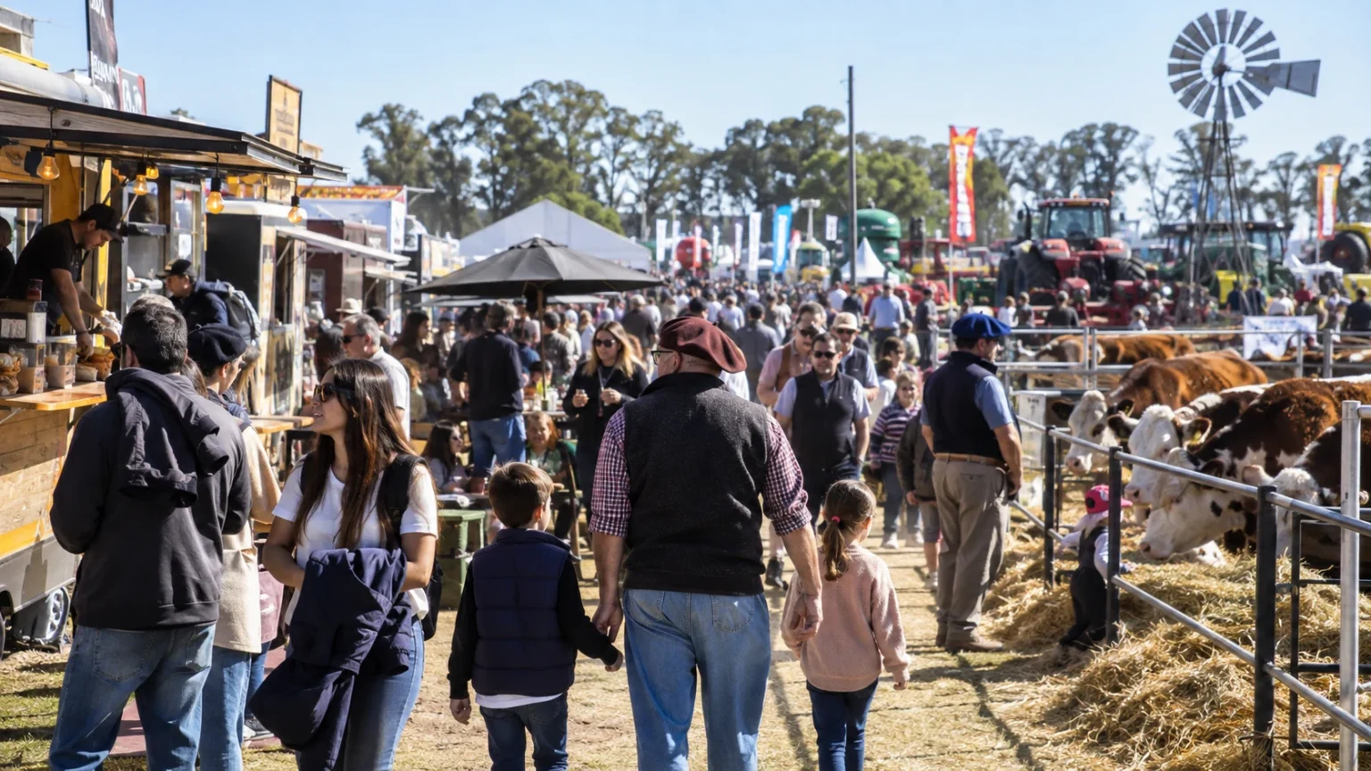 Feria rural con ganado y maquinaria en una exposición agropecuaria