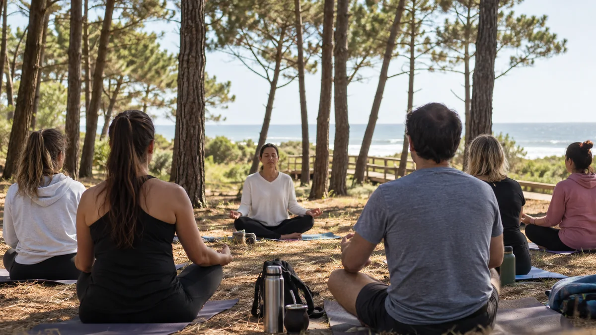 Una ciudad de la costa tendrá tres días de actividades gratis para recibir la primavera 2 Personas meditando en un bosque de pinos junto a la costa bonaerense