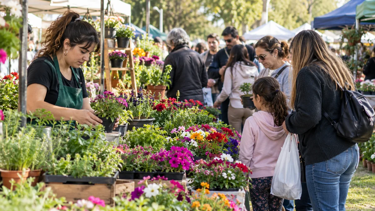 Productores y familias en una feria de plantas y flores bonaerense