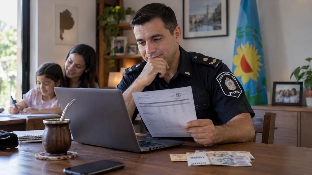 Policía bonaerense: qué aumento hay en septiembre 2026 y qué pasa con las asignaciones familiares 3 Efectivo de la policía bonaerense revisando un documento en su casa con su familia