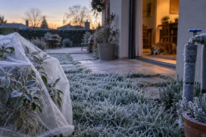 Patio bonaerense con plantas y cañerías protegidas ante una helada
